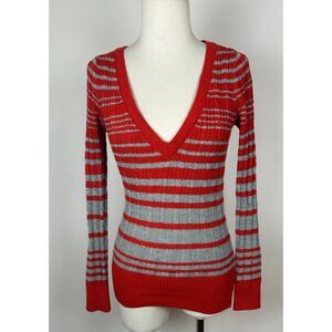 Vintage Y2K Knit Striped V-Neck Preppy Sweater Cable Knit Top Blouse Red Gray S